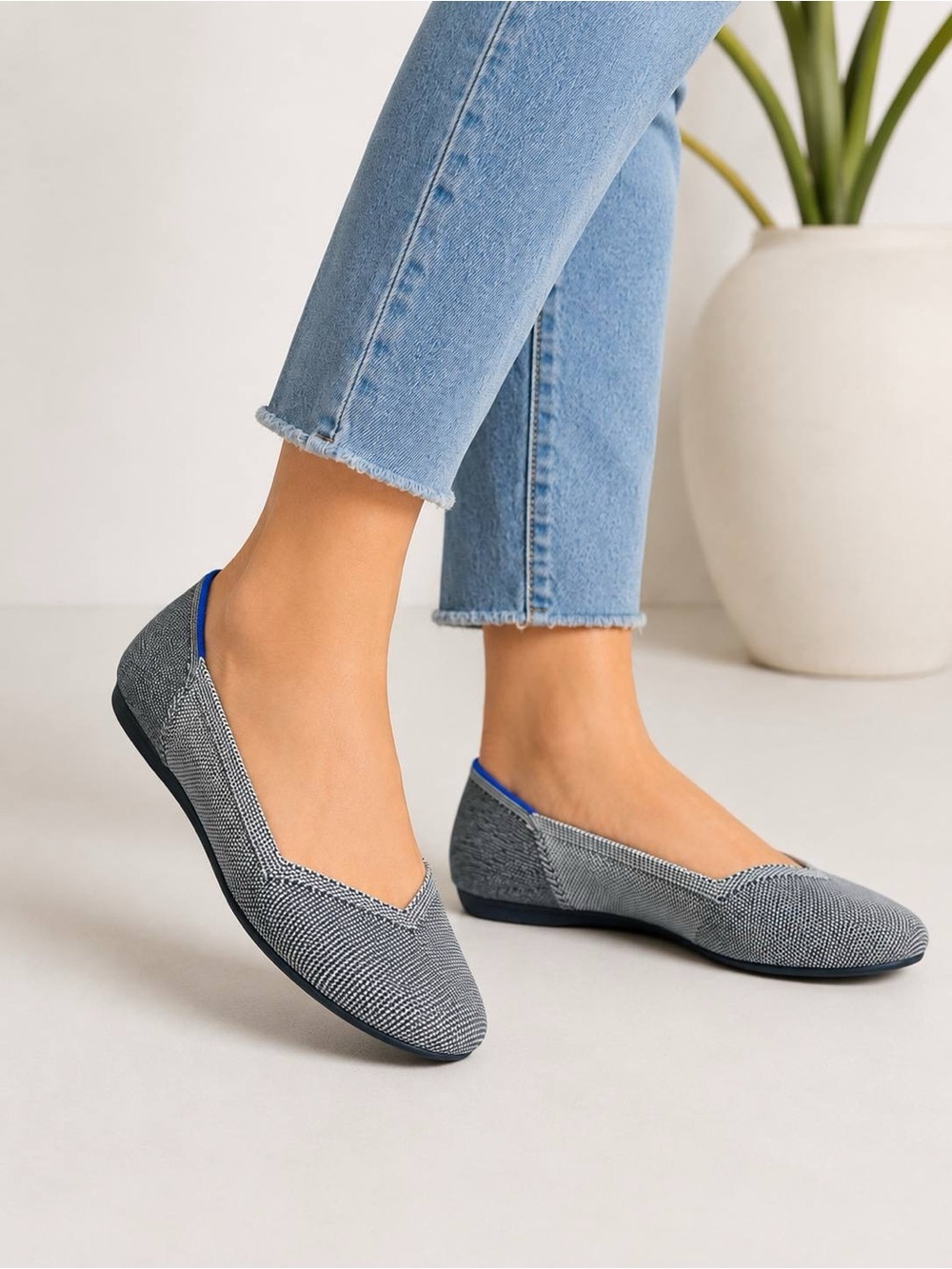 Rothy's The Flat Women Ballet Flats Gray White Knit Round Toe Size 8